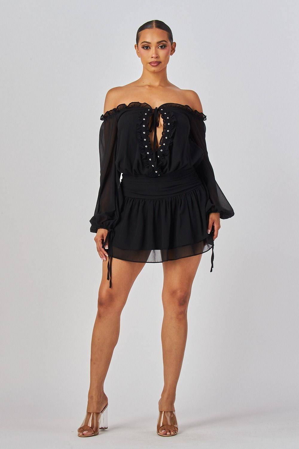 Elisabeth Off Shoulder Lace Up Front Ruffle Blouson Mini Dress