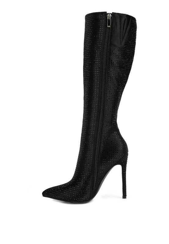 Hollywood Diamante Embelished Pointed Toe Mid Calf Boots