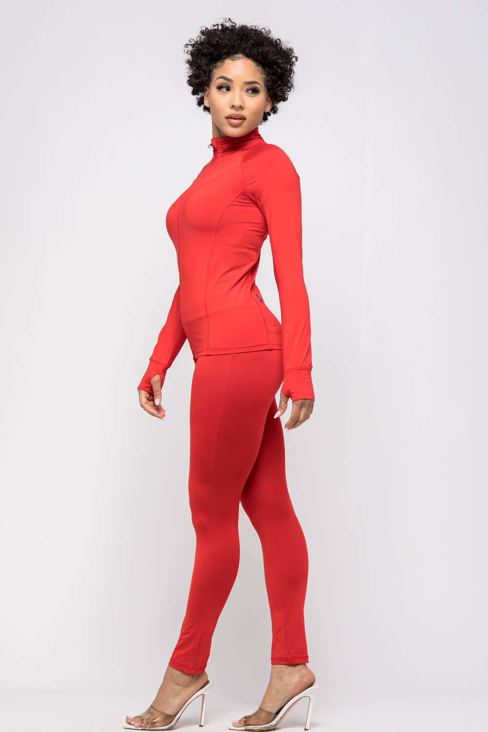 Comfy Peach Front Zipper Open Thumb Jacket And Leggings Set