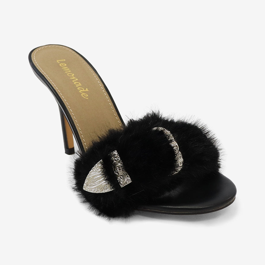 Luna Glam Faux Fur Buckle Detail Slip On High Heel Mules