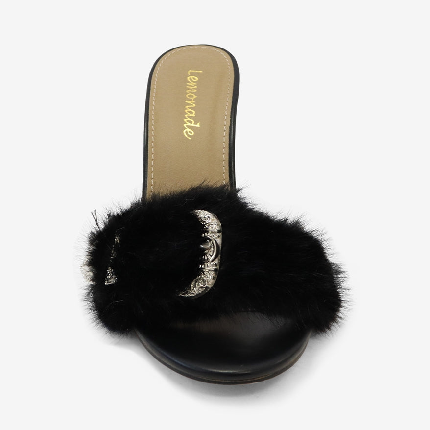 Luna Glam Faux Fur Buckle Detail Slip On High Heel Mules