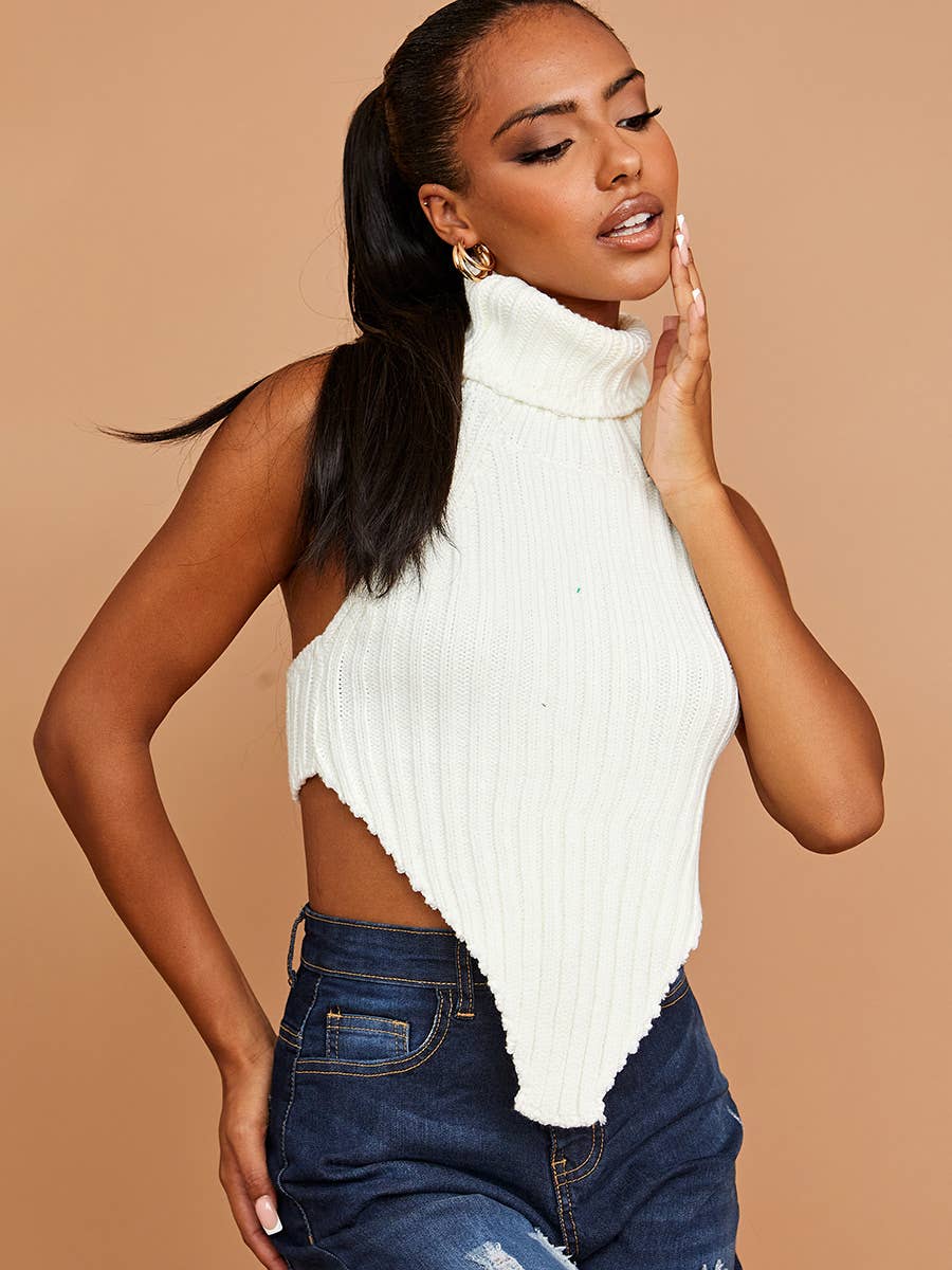 Trendsetter Asymmetric Hem High Neck Crop Top