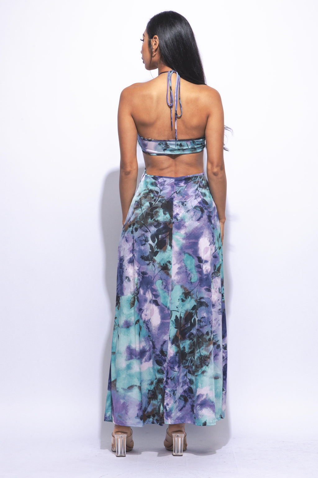 Nara Halter Neck Tropical Print Slit Front Maxi Dress