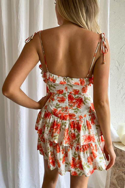 Carmen Spaghetti Strap Floral Print Tiered Mini Dress