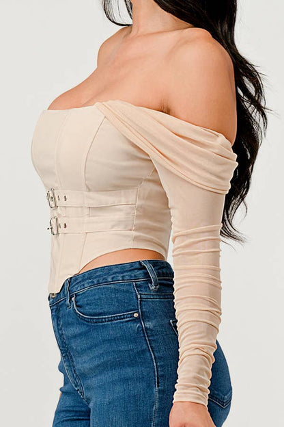 Buckle Hunny Off Shoulder Mesh Sleeve Corset Top - ShopRbls
