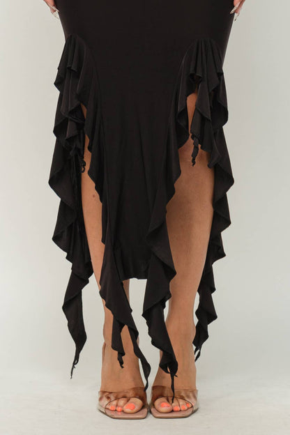 Charmed Strapless Ruffle Trim Bodycon Midi Dress