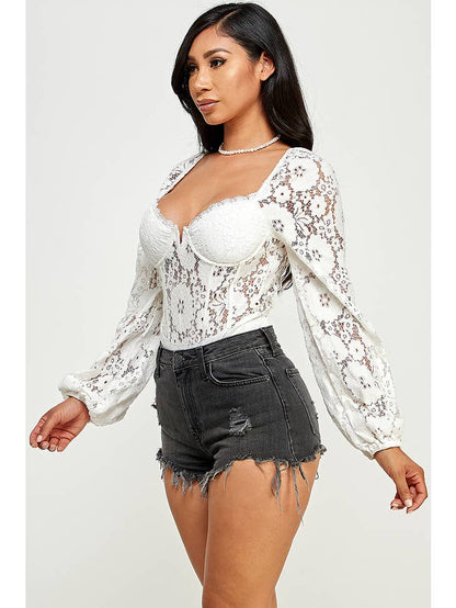 Georgia Lace Sweetheart Neck Long Sleeves Bodysuit