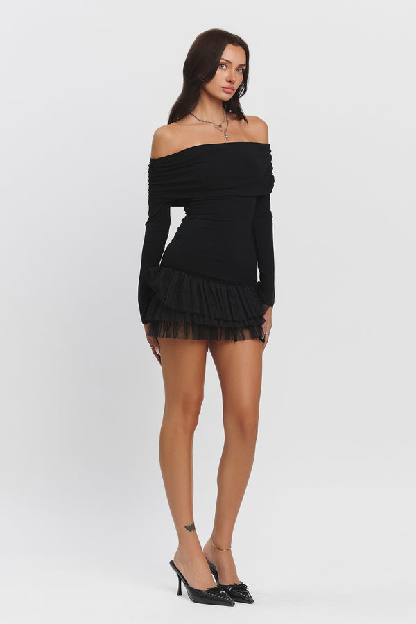 Cynthia Foldover Long Sleeve Flounce Ruffle Hem Mini Dress