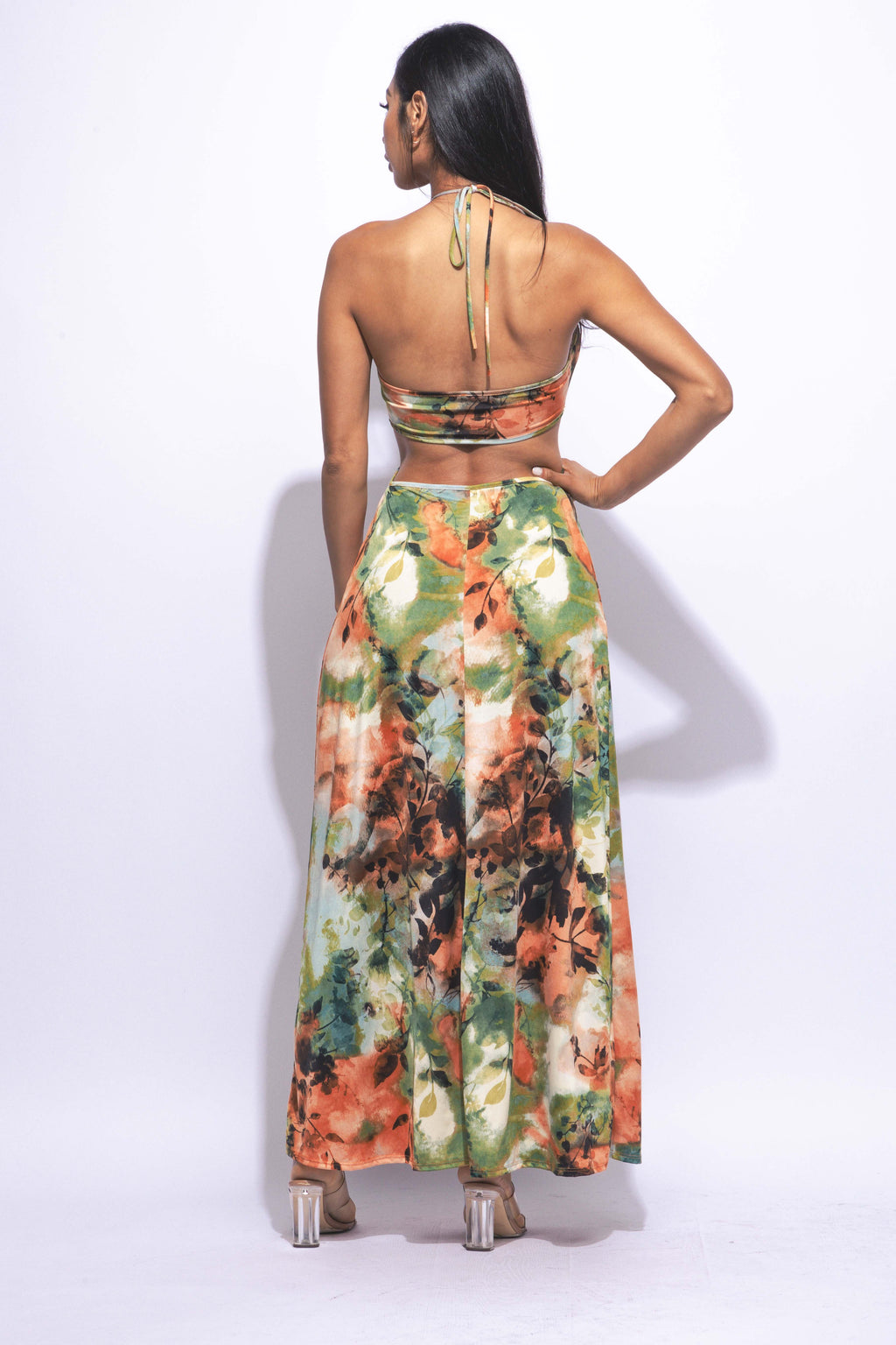 Nara Halter Neck Tropical Print Slit Front Maxi Dress