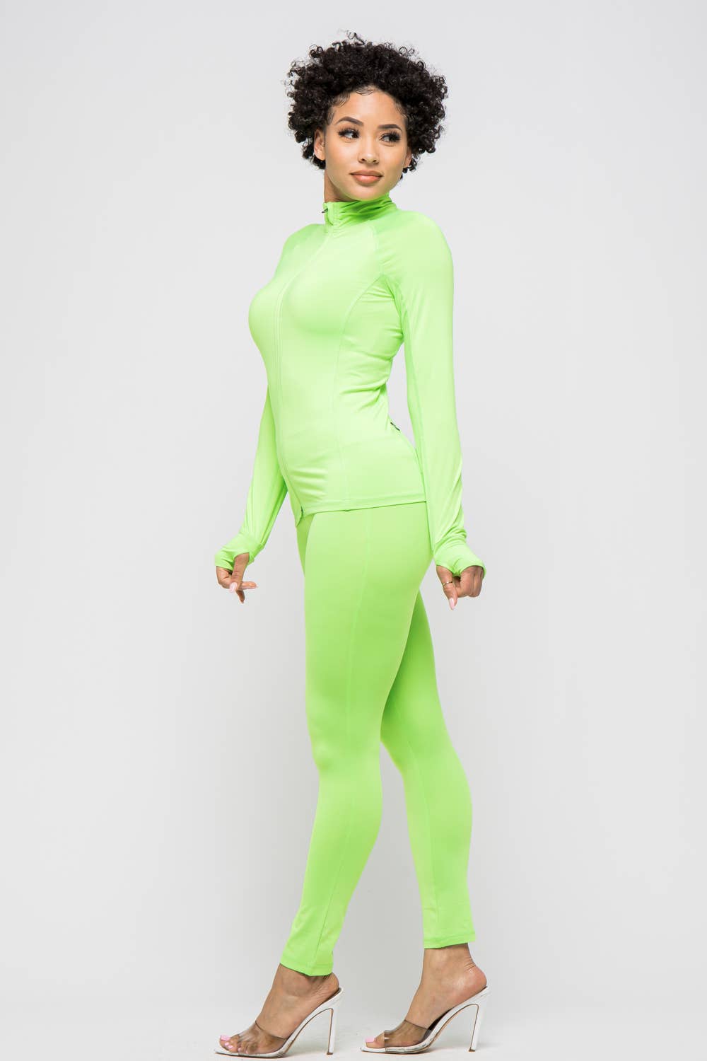 Comfy Peach Front Zipper Open Thumb Jacket And Leggings Set