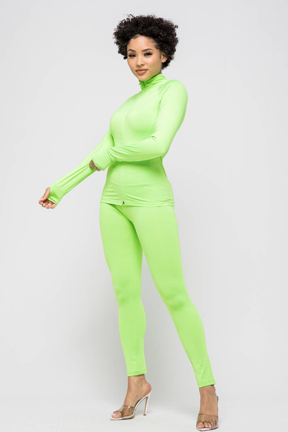 Comfy Peach Front Zipper Open Thumb Jacket And Leggings Set