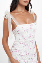 Enaya Square Neck Floral Lace Print Mesh Midi Dress