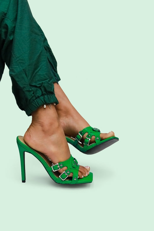 Kristena Buckle Detail Square Toe High Heel Mules