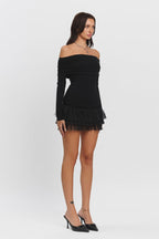Cynthia Foldover Off Shoulder Sleeve Ruffle Hem Mini Dress