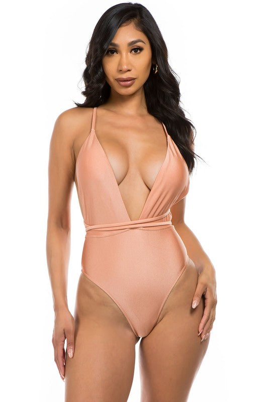 Linda Plunge Neck Waist Detail One Piece Swimsuit