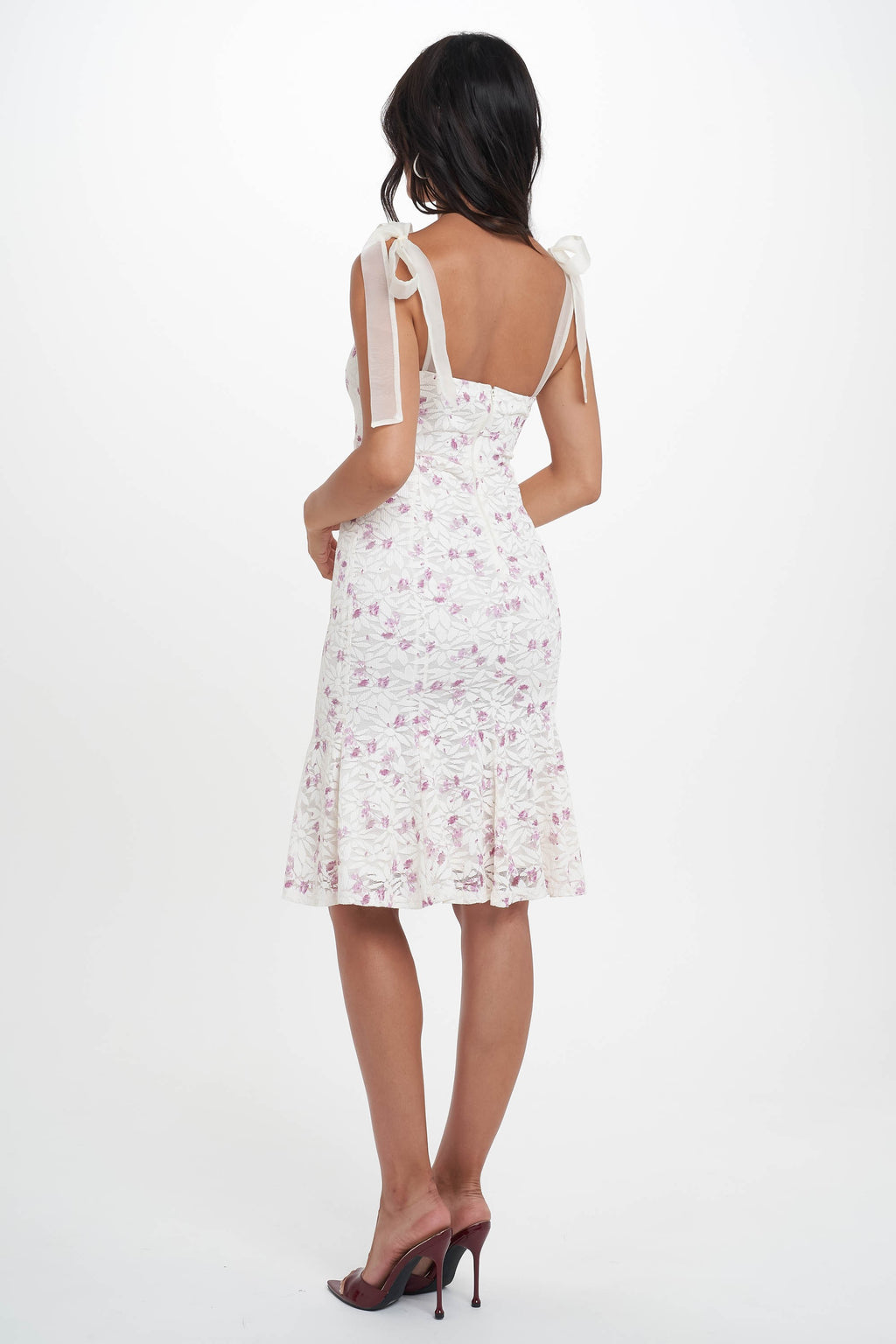 Enaya Square Neck Floral Lace Print Mesh Midi Dress