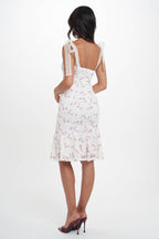Enaya Square Neck Floral Lace Print Mesh Midi Dress