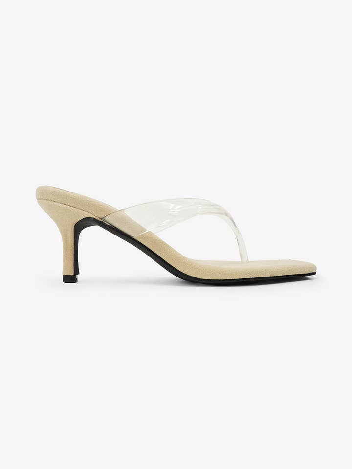 Lilou Square Toe Clear Thong Suede Mid Heel Mules