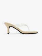 Lilou Square Toe Clear Thong Suede Mid Heel Mules