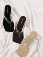 Lilou Square Toe Clear Thong Suede Mid Heel Mules