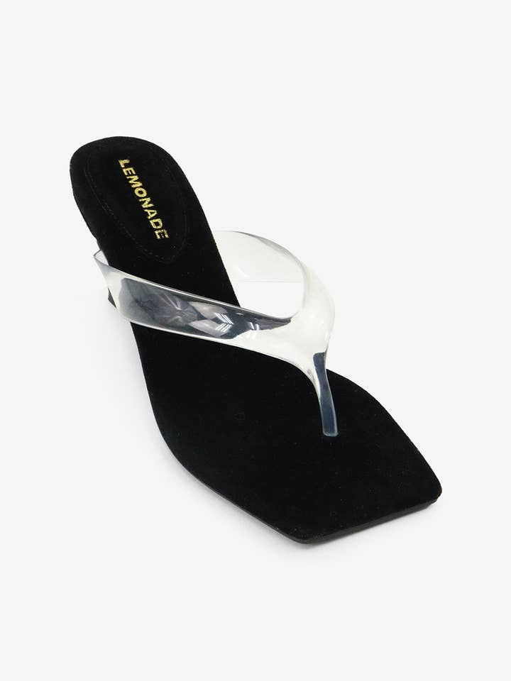 Lilou Square Toe Clear Thong Suede Mid Heel Mules