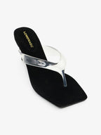 Lilou Square Toe Clear Thong Suede Mid Heel Mules