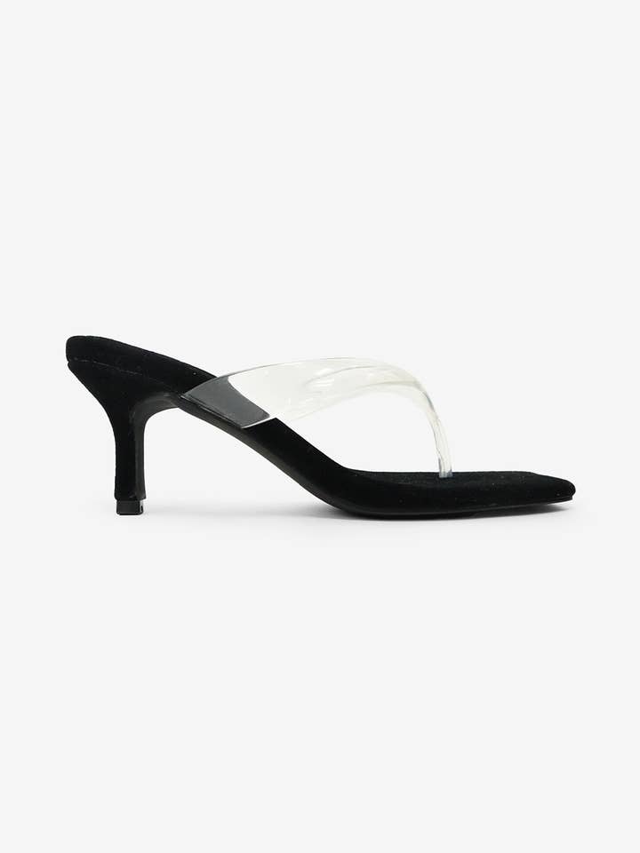 Lilou Square Toe Clear Thong Suede Mid Heel Mules