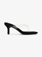 Lilou Square Toe Clear Thong Suede Mid Heel Mules