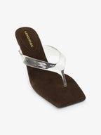 Lilou Square Toe Clear Thong Suede Mid Heel Mules