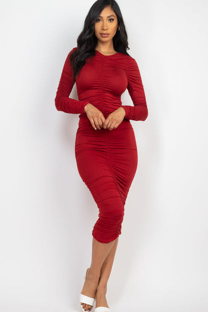 Not So Basic Ruched Long Sleeve Midi Dress