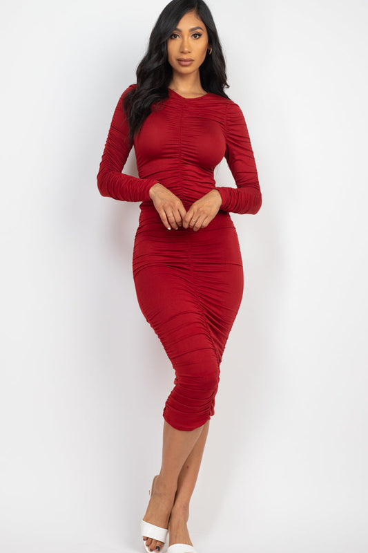 Not So Basic Ruched Long Sleeve Midi Dress
