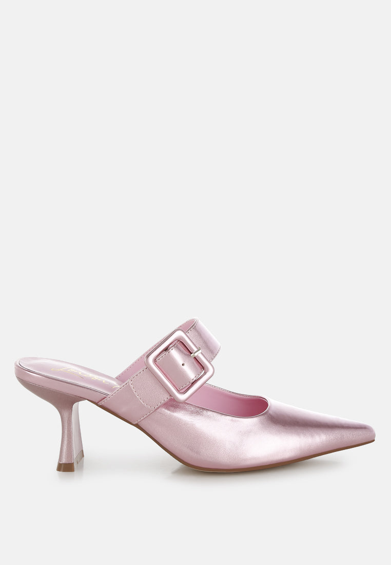 Beatrice Croc Strap Buckle Detail Pointed Toe Kitten Heel Mules