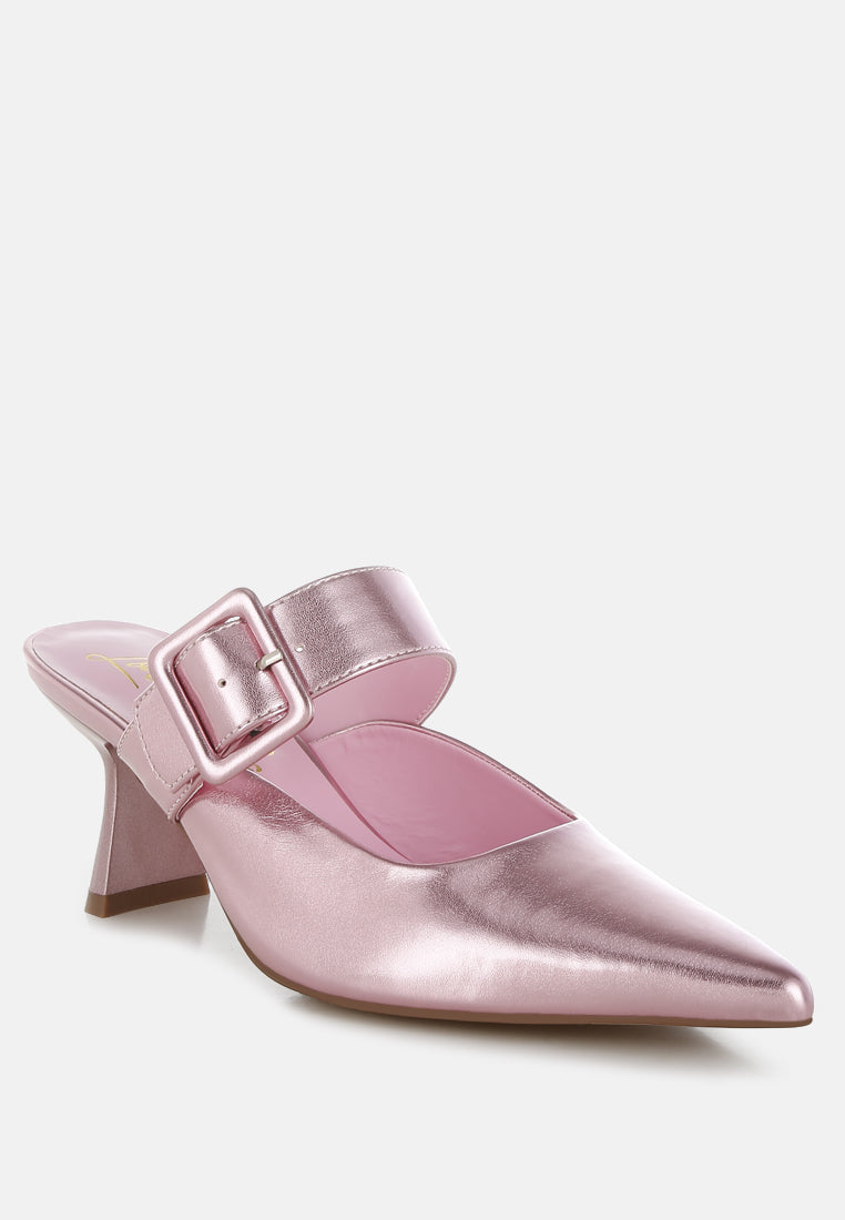 Beatrice Croc Strap Buckle Detail Pointed Toe Kitten Heel Mules