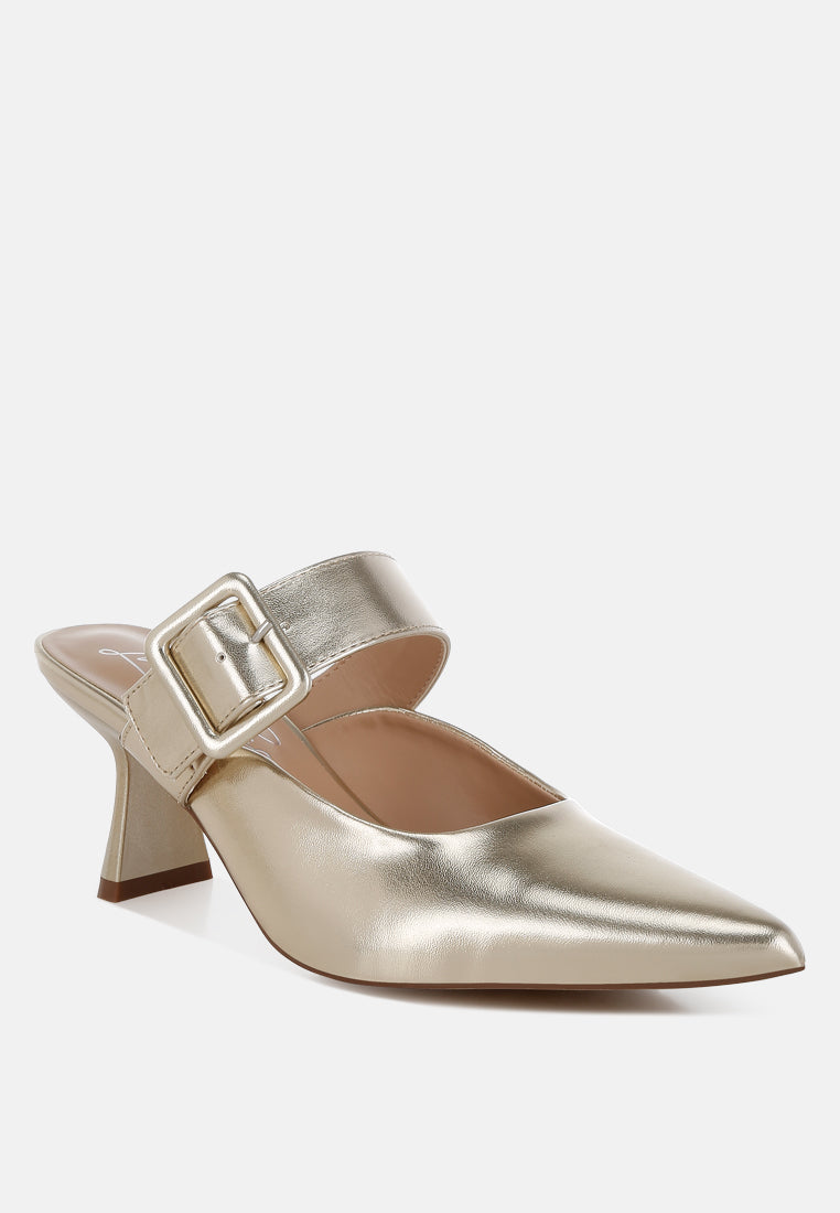 Beatrice Croc Strap Buckle Detail Pointed Toe Kitten Heel Mules