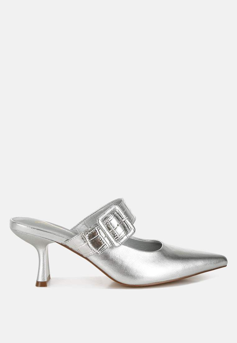 Beatrice Croc Strap Buckle Detail Pointed Toe Kitten Heel Mules