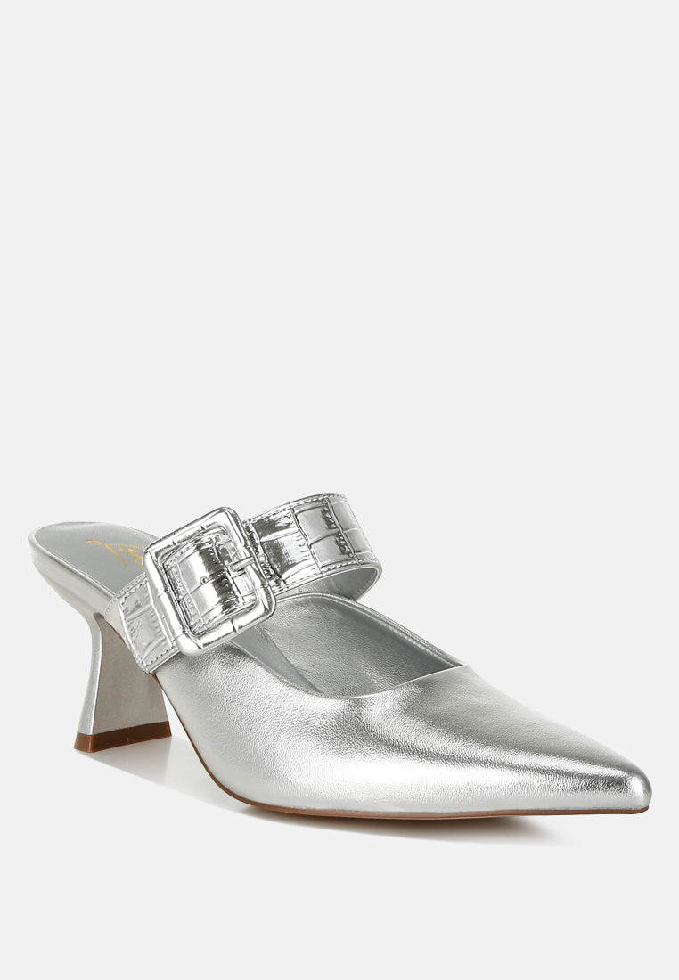 Beatrice Croc Strap Buckle Detail Pointed Toe Kitten Heel Mules