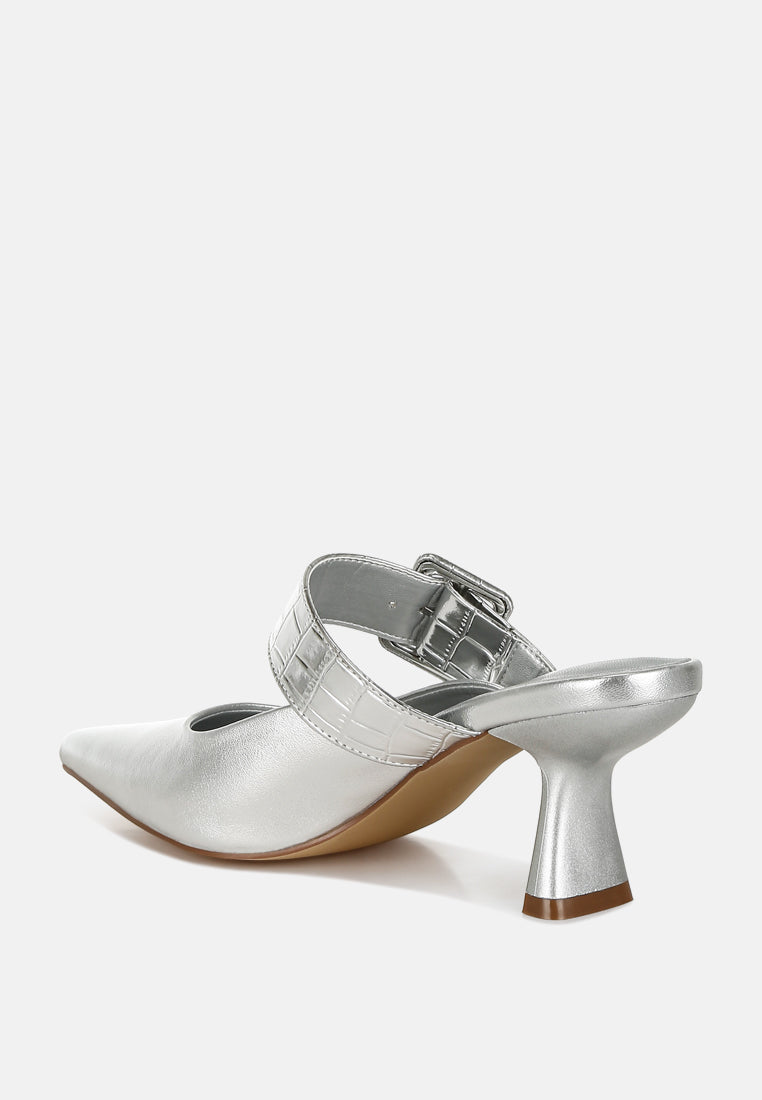 Beatrice Croc Strap Buckle Detail Pointed Toe Kitten Heel Mules