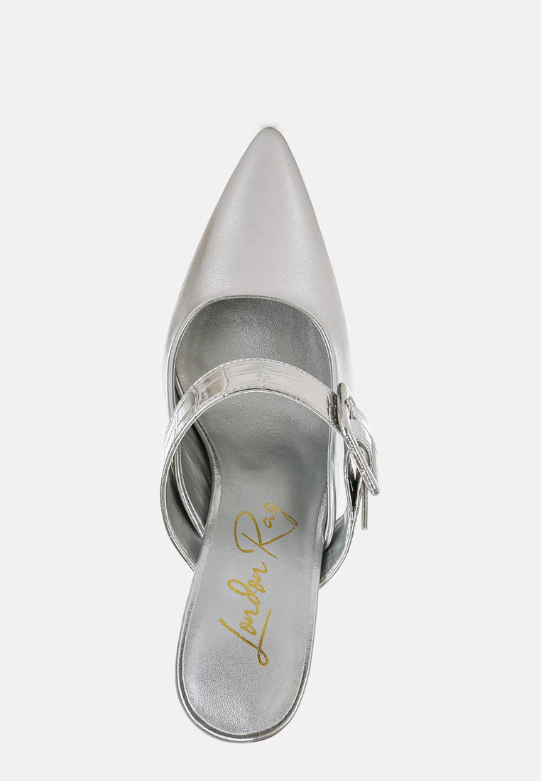 Beatrice Croc Strap Buckle Detail Pointed Toe Kitten Heel Mules