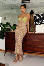 Eliza Lace Trim Floral Print Lace Up Open Back Maxi Dress