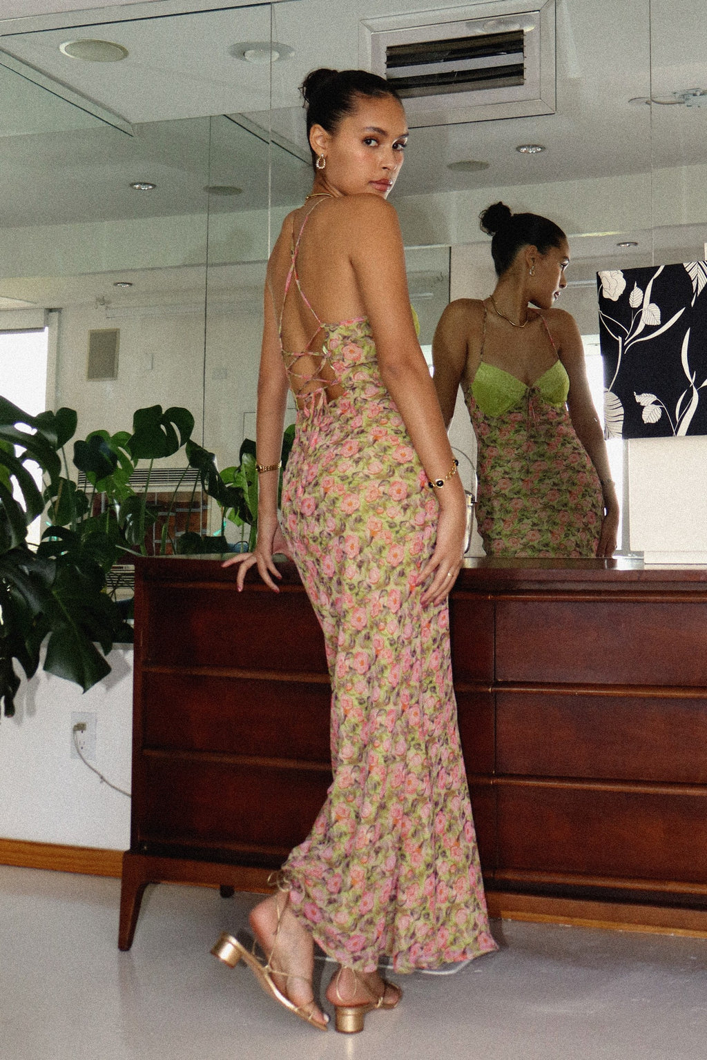 Eliza Lace Trim Floral Print Lace Up Open Back Maxi Dress