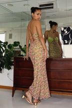 Eliza Lace Trim Floral Print Lace Up Open Back Maxi Dress