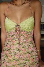 Eliza Lace Trim Floral Print Lace Up Open Back Maxi Dress