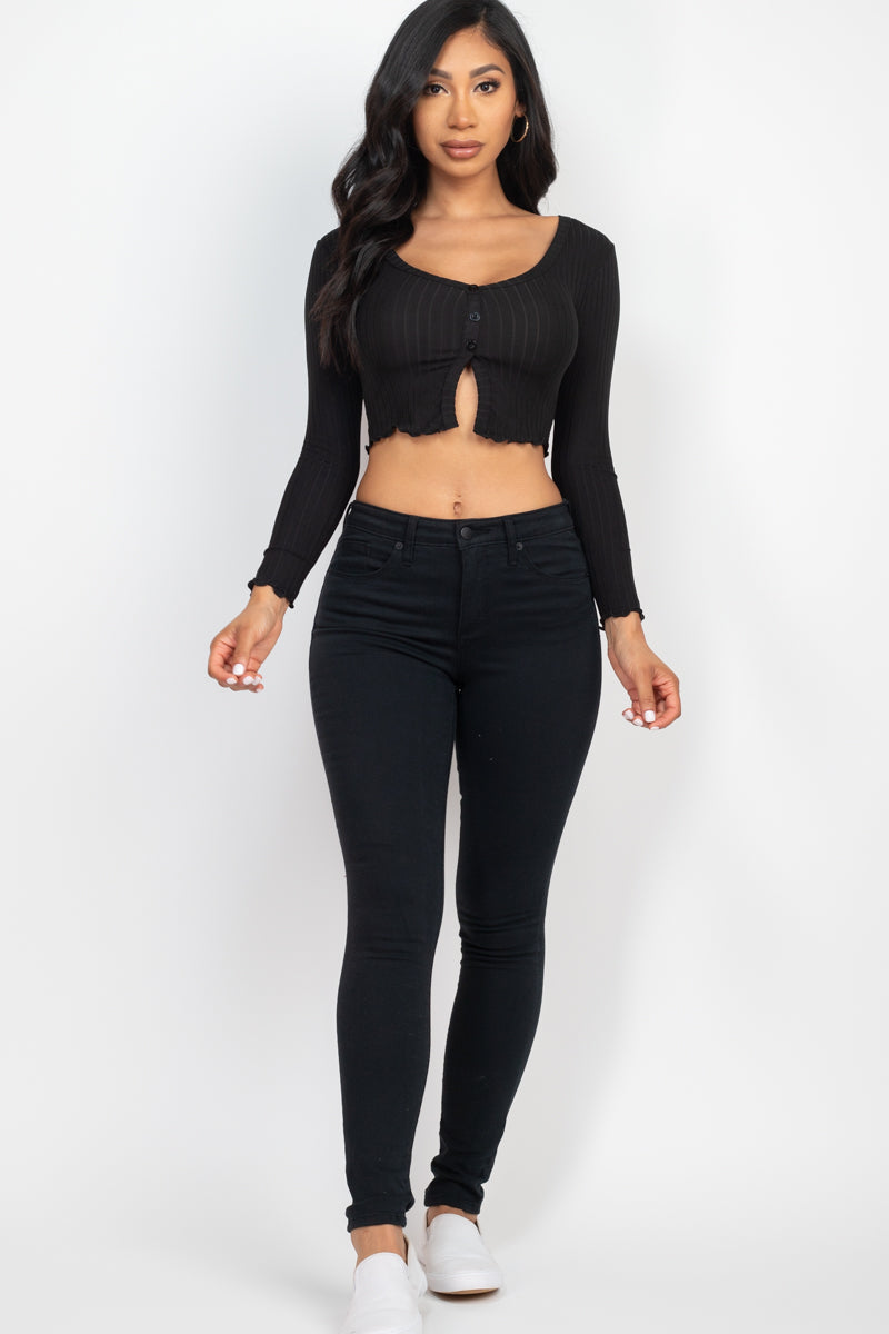 Casual Basics Ribbed Button Front Split Long Sleeve Crop Top