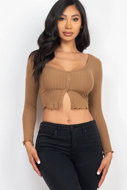 Casual Basics Ribbed Button Front Split Long Sleeve Crop Top