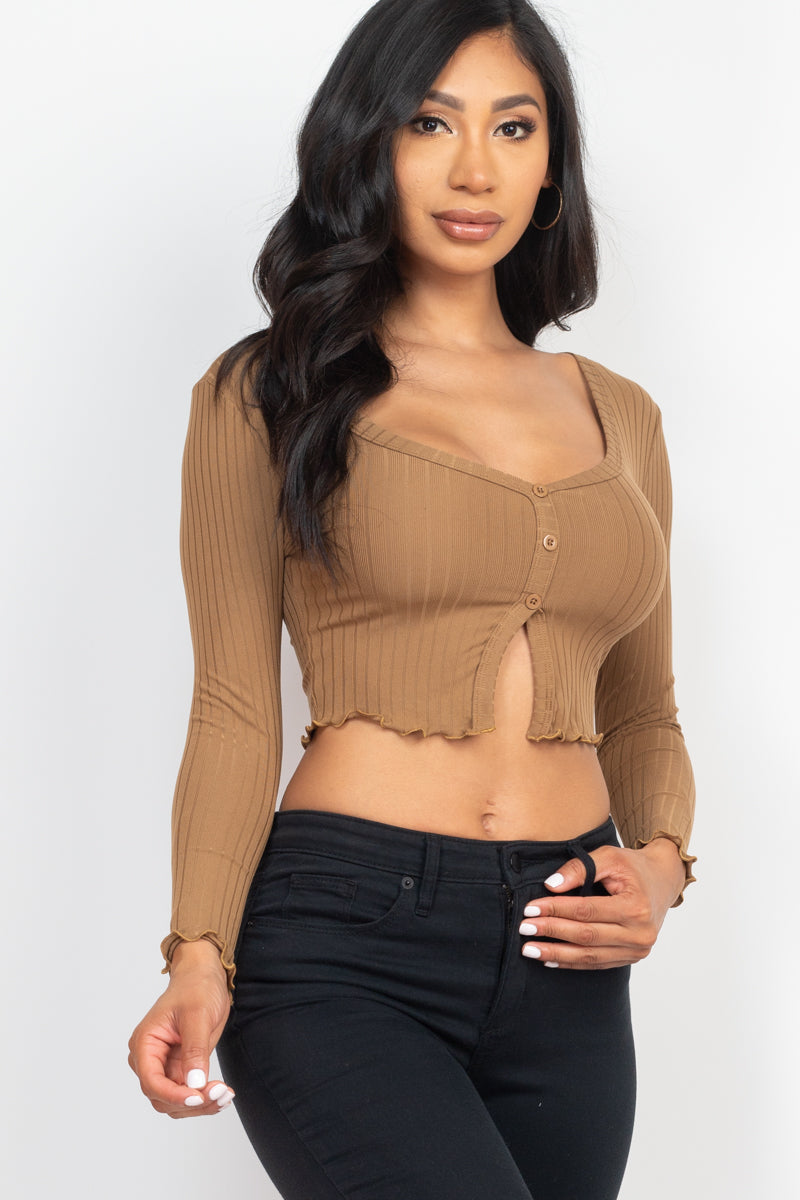 Casual Basics Ribbed Button Front Split Long Sleeve Crop Top