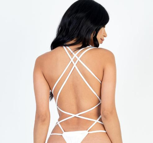 Casual Basics V Neck Crisscross Open Back Halter Bodysuit