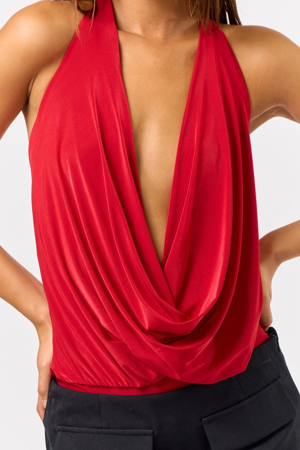Melissa Plunge Cowl Neck Open Back Halter Bodysuit