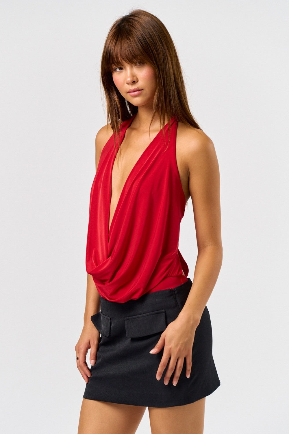 Melissa Plunge Cowl Neck Open Back Halter Bodysuit