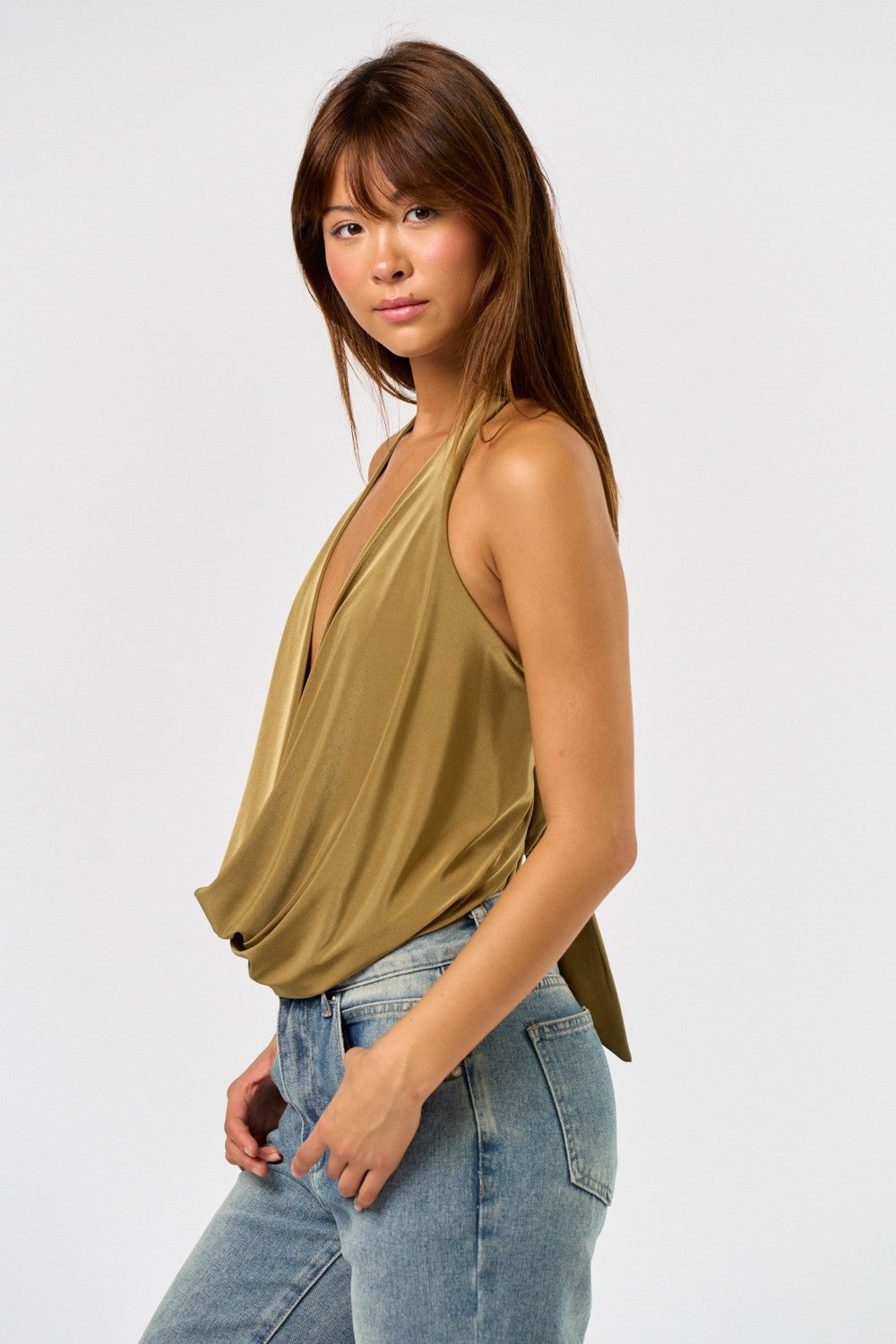 Melissa Plunge Cowl Neck Open Back Halter Bodysuit