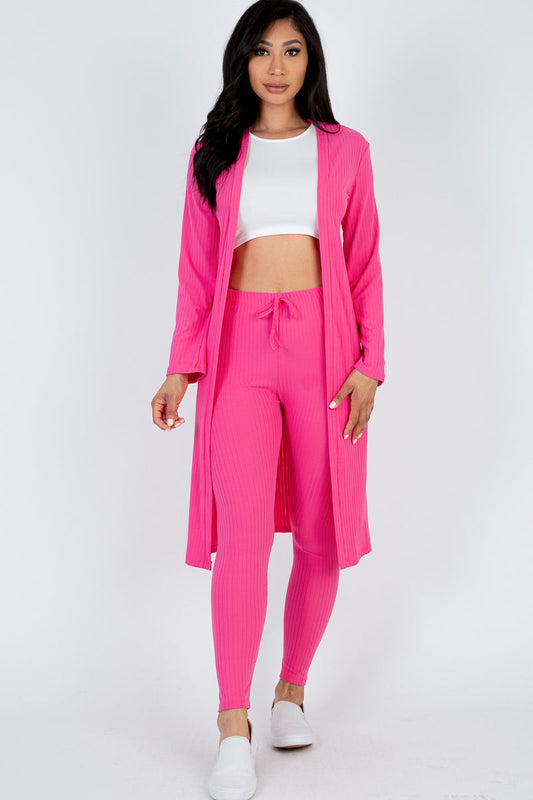 Casual Basics  Rib Knit Longline Cardigan, Crop Top & Leggings Set